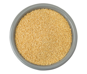 Amaranth grain seeds in ceramic bowl isolated on white background. Top view. Flat lay