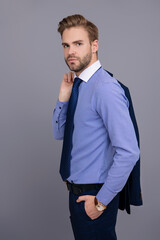 Business boss portrait of business man. Successful business. Success of entrepreneur. Businessman in suit isolated on grey. Successful and professional businessman. Charismatic entrepreneur