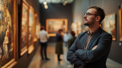 Fototapeta premium A refined male curator in his 40s, standing in a contemporary art gallery, thoughtfully observing the artworks on display, surrounded by visitors.