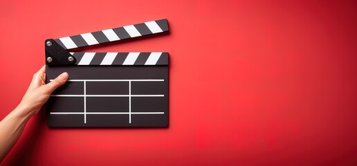 Hand holding a black and white clapperboard against a red background. The clapperboard is a symbol of filmmaking and video production.