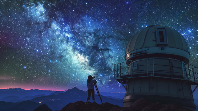 A modern observatory on a remote mountaintop where a female astronomer is observing the night sky through a large telescope. The Milky Way is clearly visible 