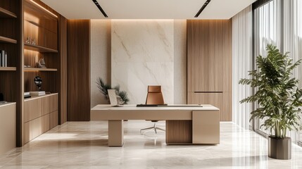 Modern office interior featuring a sleek desk and elegant decor.