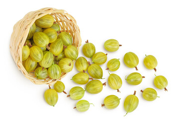 Green gooseberry in a wicker basket isolated on white background. Top view. Flat lay.
