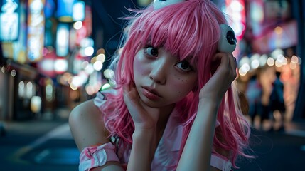 Naklejka premium A young woman with pink hair and a whimsical headband poses in front of a brightly lit city street at night.