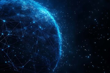 Abstract digital background banner featuring the Earth with data connection elements in blue and black colors