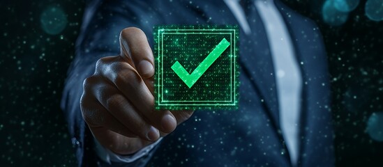 A hand pressing a glowing green checkmark symbolizing approval or success.
