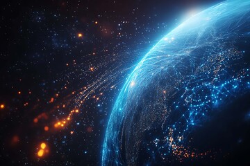 Obraz premium Abstract digital background banner featuring the Earth with data connection elements in blue and black colors