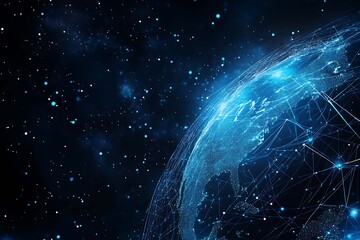 Obraz premium Abstract digital background banner featuring the Earth with data connection elements in blue and black colors