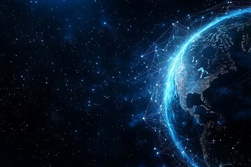 Obraz premium Abstract digital background banner featuring the Earth with data connection elements in blue and black colors