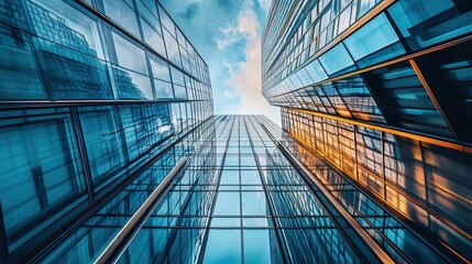Obraz premium A high-rise building facade, featuring a mix of glass and steel, with reflections of the city skyline