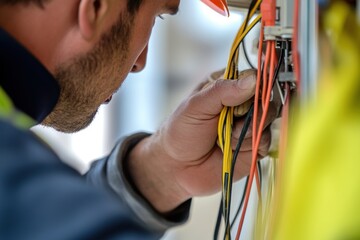 Close up of electrician working at construction site
