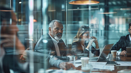 A group of diverse male and female executives in a glass-walled conference room, having a serious discussion. The table is covered with documents, laptops, and coffee cups.