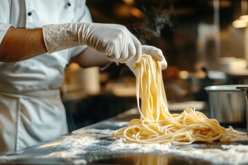 Close up of hands of professional chef preparing pasta while working in kitchen