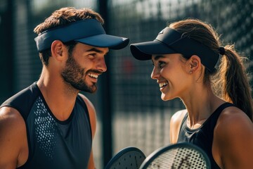 A smiling man and woman wearing sports visors and athletic wear are looking at each other on a tennis or padel court. They embody active lifestyle, teamwork, and sportsmanship.