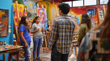 Obraz premium A group of students participating in an art class, painting on canvases or creating sculptures. The setting is a colorful studio filled with art supplies, easels, and inspiring artwork on the walls.