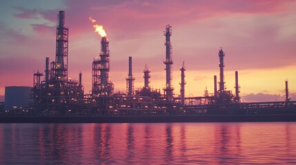 Obraz premium An industrial oil rig platform in the middle of the ocean during a colorful sunset