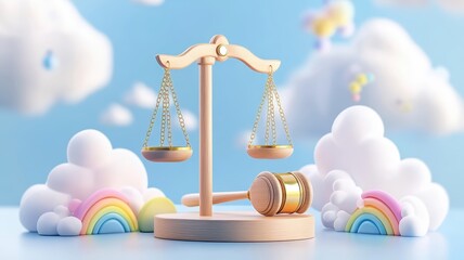 A whimsical illustration of a wooden scale and gavel against a bright, playful background with clouds and rainbows.