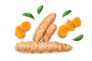 Turmeric turmeric root isolated on white background. Top view. Flat lay