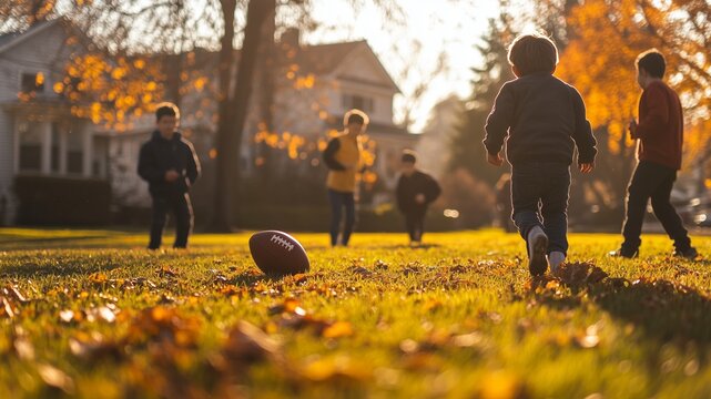 Thanksgiving Football Game ,a common Thanksgiving tradition. A family or group of friends playing football in the yard - Powered by Adobe