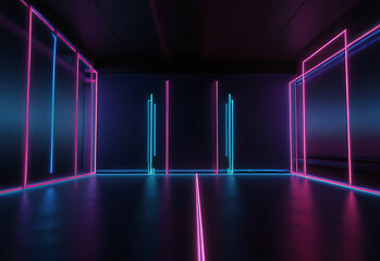 abstract minimal neon background, pink blue neon lines going up, glowing in ultraviolet spectrum. Cyber space. Laser show. Futuristic wallpaper.