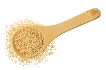 Amaranth grain seeds in wooden spoon isolated on white background. Top view. Flat lay