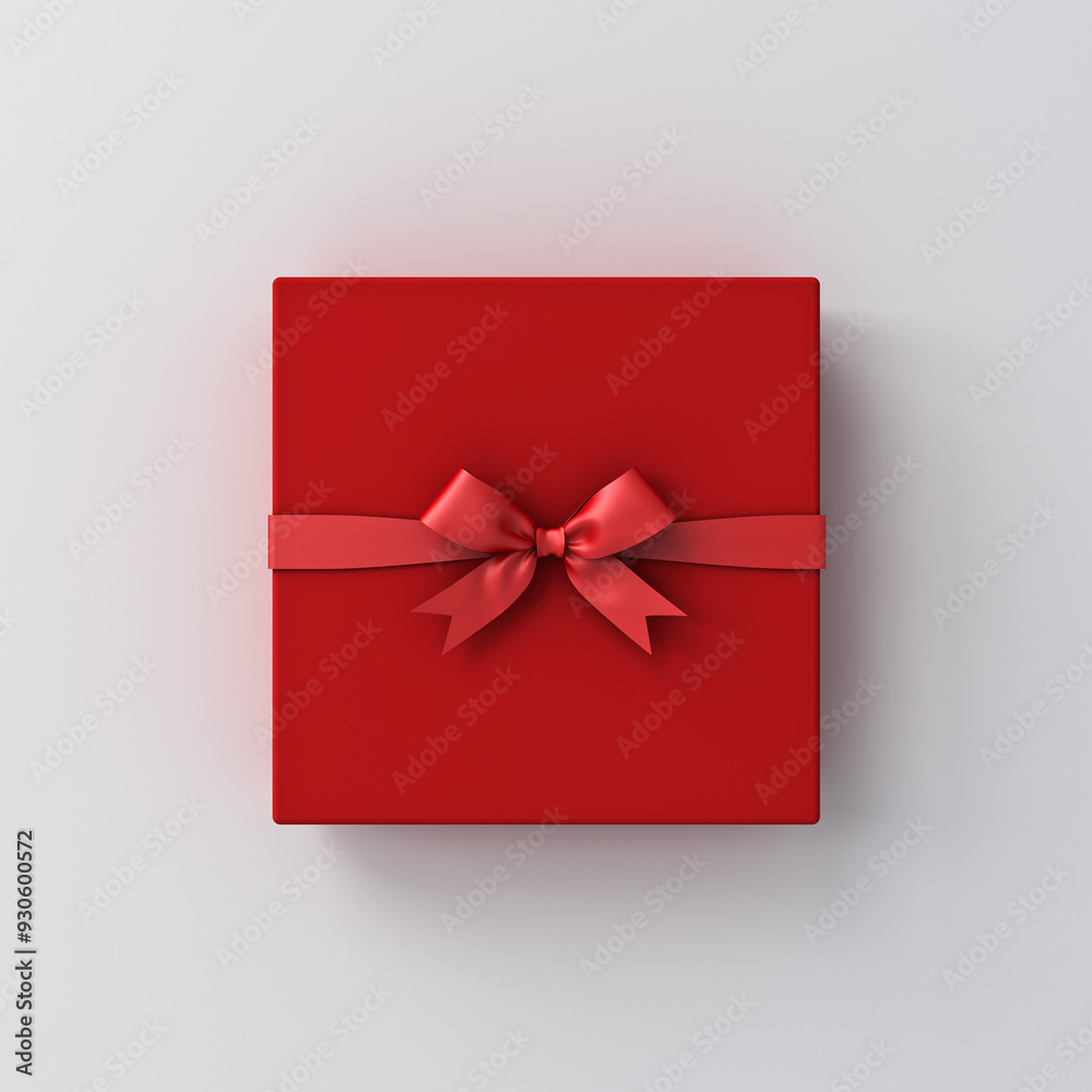 Aufkleber All red gift box or top view of red present box with red ribbon bow isolated on white grey background with shadow minimal conceptuals for christmas and valentines day 3D rendering