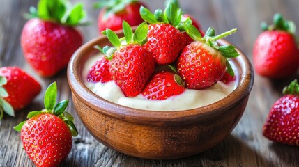 Fresh strawberries in cream served in wooden bowl