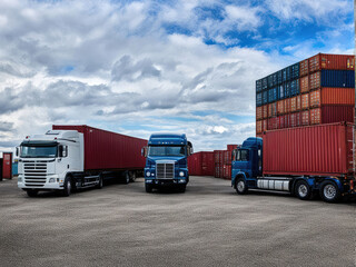 Two trucks are parked in a shipping yard surrounded by stacked shipping containers under a cloudy sky. Generative AI