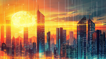 A futuristic cityscape with rising skyscrapers, digital charts showing economic growth, and a glowing sun in the background symbolizing a bright future.