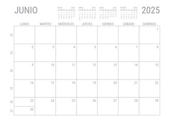 Junio Calendario 2025 Mensual para imprimir con numero de semanas A4	