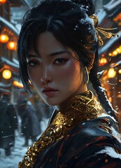 "Mystic Shadows: The Golden Kunoichi in the Snowy Streets of Russia"