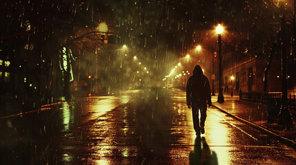 A lone figure walking through empty city streets at night, with rain falling and distant streetlights casting long shadows, symbolizing loneliness and despair.