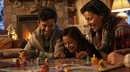 Fototapeta premium A warm, inviting dining room with a family of four, two parents and two young children, sitting around a dinner table. 