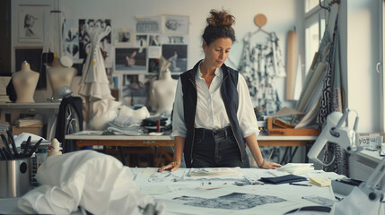 A stylish female designer in her 30s, surrounded by sketches, fabrics, and mannequins, confidently working on her latest collection in a trendy, well-lit studio.