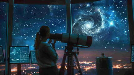 A dedicated woman in her 30s, observing the night sky through a high-powered telescope at a modern observatory, with star charts and data screens around her.