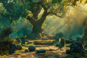 Fototapeta premium Mystical Forest Clearing with Druids Conducting Ancient Rituals.