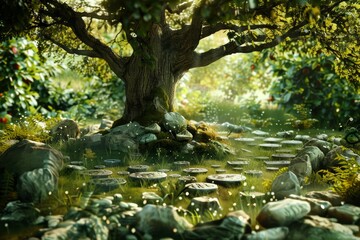 Enchanted Forest Clearing with Druids Performing Rituals by a Tree