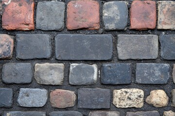 Obraz premium Textured cobblestone street close-up with colorful stones