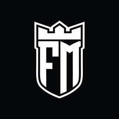 FM Logo shield shape with geometric crown inside white outline on black background template design