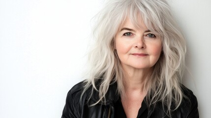 Fototapeta premium Confident mature woman with stylish grey hair black leather jacket