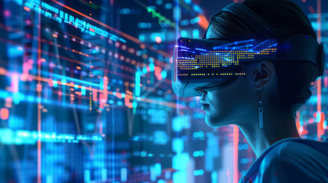 A detailed scene of a financial analyst using virtual reality goggles to analyze 3D market data.