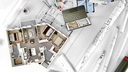 3D rendering of a apartment architectural model with blueprints, elevation , drawing , floor plan ,interior design plan other documents