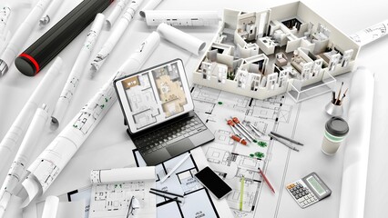 3D rendering of a apartment architectural model with blueprints, elevation , drawing , floor plan ,interior design plan other documents