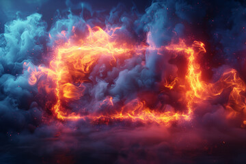 Red neon rectangle frame made of fire flame with smoke on dark background. Glowing geometric shape with copy space for text