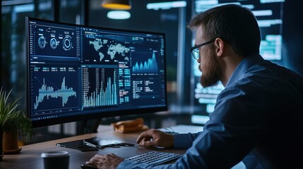 A marketing professional analyzing social media metrics on a computer screen, focusing on engagement and reach