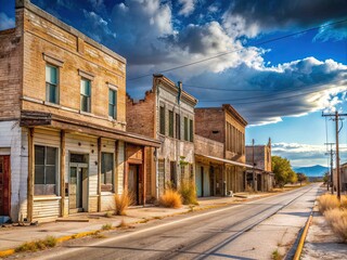 A once-thriving main street now stands abandoned, worn buildings and cracked sidewalks a testament to the desert town's faded glory and forgotten dreams.