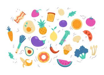 Different food, fruits ang vegetables colorful doodle vector illustrations. 