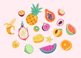 Tropical exotic juicy fruits vector poster.