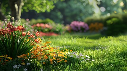 A vibrant garden scene with colorful flowers and lush greenery.
