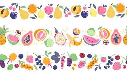 Fruits and berries vector seamless borders set.